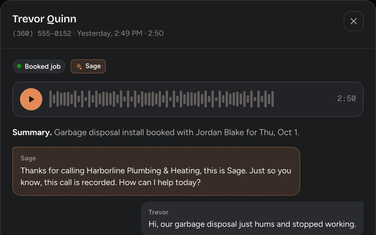Sage's call summary and transcript for a booked repair
